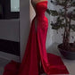 Sexy Red Beaded Satin Long Prom Dress with High Slit MD7718