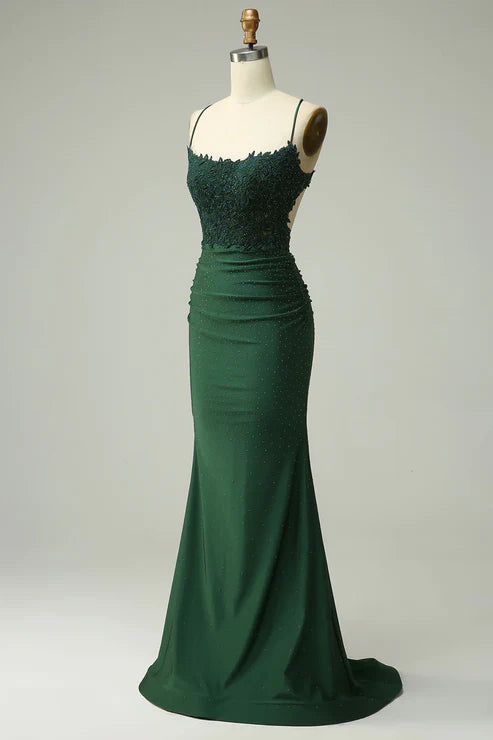 Robe de bal longue vert foncé style sirène avec appliques et perles MD7726
