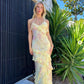 Yellow Spaghetti Straps Ruffle Long Prom Dress with Ruffles MD7729