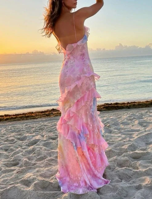 Robe de bal longue rose à bretelles spaghetti et volants, dos nu, MD7730