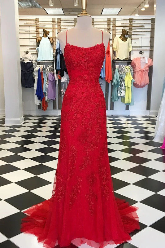 Robe longue sirène en tulle rouge à fleurs appliquées MD7737