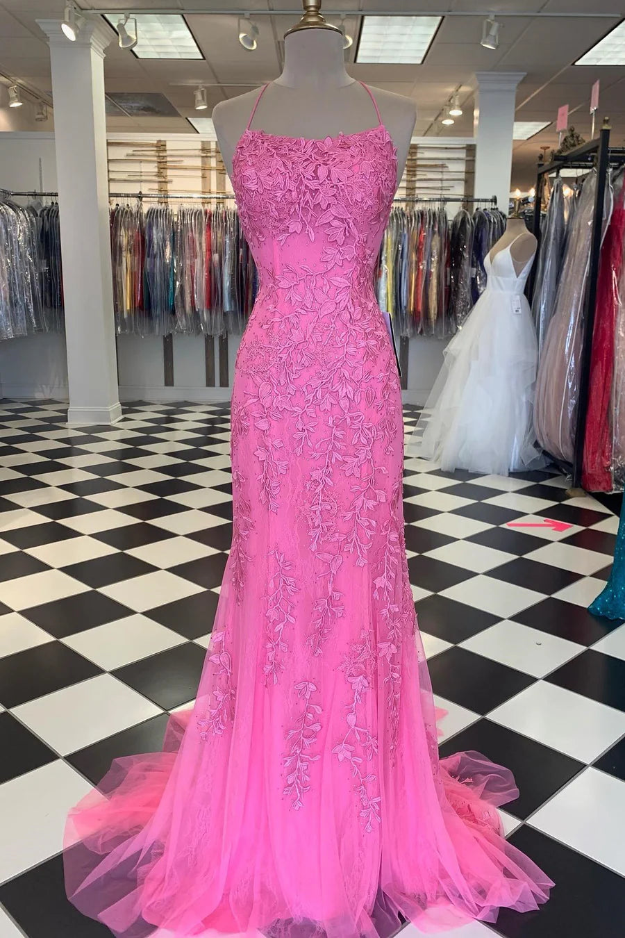 Red Floral Appliques Tulle Mermaid Long Formal Dress MD7737