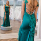 Green Mermaid Straps Scoop Pleated High Slit Long Prom Formal Dress MD7742