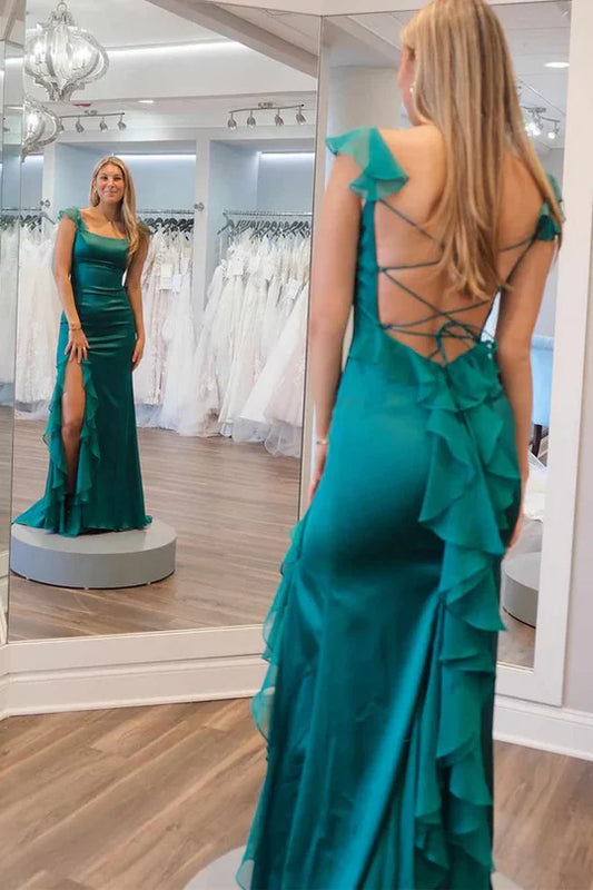 Robe de bal longue plissée à bretelles sirène et fente haute, verte, MD7742
