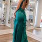Green Mermaid Straps Scoop Pleated High Slit Long Prom Formal Dress MD7742