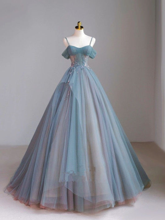 Robe de bal longue élégante en tulle à bretelles et épaules dénudées, coupe trapèze, MD7744