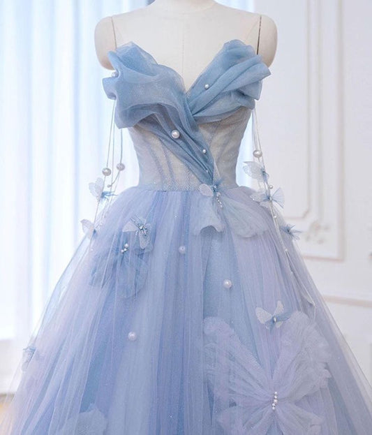 Blue Sweetheart A-Line Appliques Tulle Long Party Dress Evening Gown MD7745