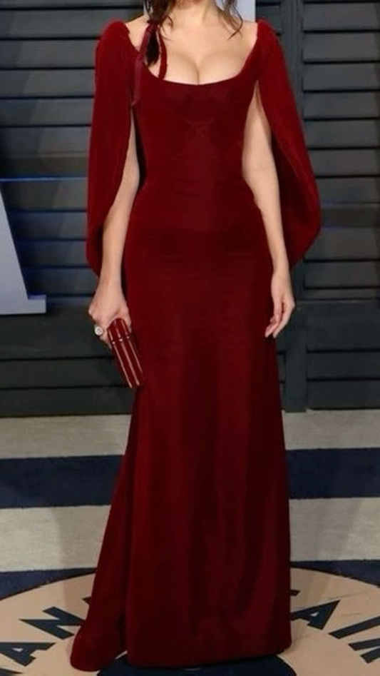 Charmante robe de soirée longue en satin bordeaux style sirène MD7746