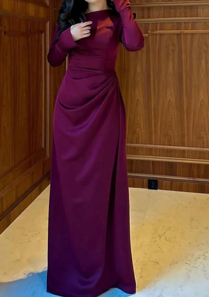 Schlichtes dunkelviolettes langes Partykleid mit langen Ärmeln, Abendkleid MD7747