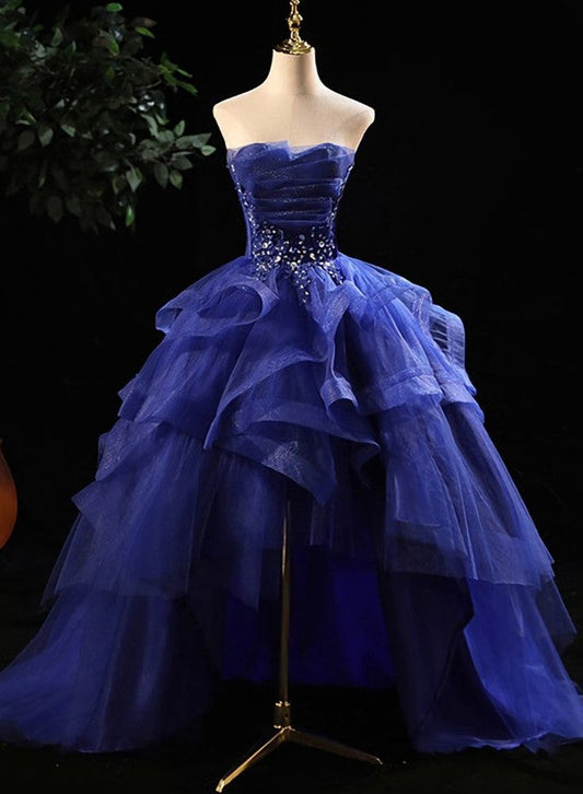 Robe de soirée trapèze bleu roi sans bretelles, coupe asymétrique, MD7749