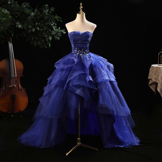 Robe de soirée trapèze bleu roi sans bretelles, coupe asymétrique, MD7749