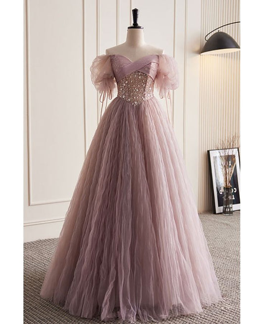 Dusty Pink A-Line Tulle Long Prom Dress Birthday Evening Gown MD7756