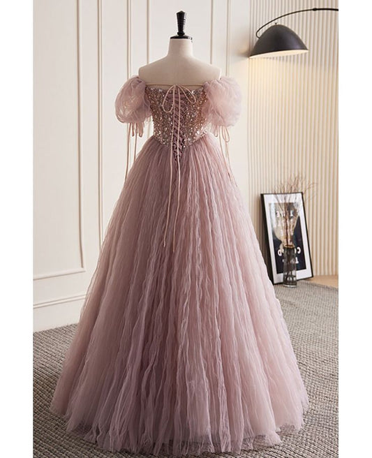 Dusty Pink A-Line Tulle Long Prom Dress Birthday Evening Gown MD7756