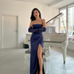 Robe de soirée longue fourreau bleu marine sans bretelles MD7759