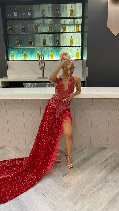 Sexy Red Sequins Black Girl Formal Evening Gown with Feathers MD7765