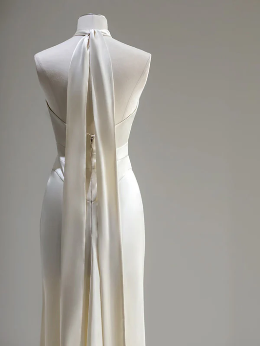 Robe de soirée sirène en satin ivoire élégante, décolleté en V, robe de réception de mariage MD7766