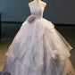 Elegant Grey Strapless A-Line Tulle Long Party Dress Evening Ball Gown MD7775