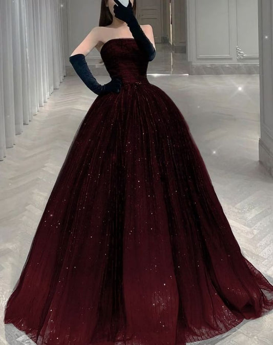 Stunning Burgundy Strapless A-Line Tulle Long Prom Dress Birthday Gown MD7779