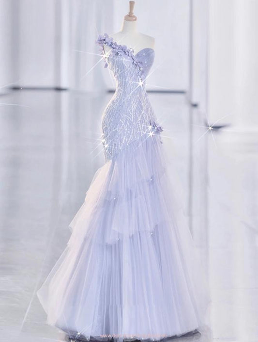 Robe de soirée longue sirène en tulle à sequins et une épaule lilas clair MD7787