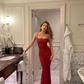 Robe de soirée longue rouge sexy à bretelles spaghetti et dentelle style sirène MD7789