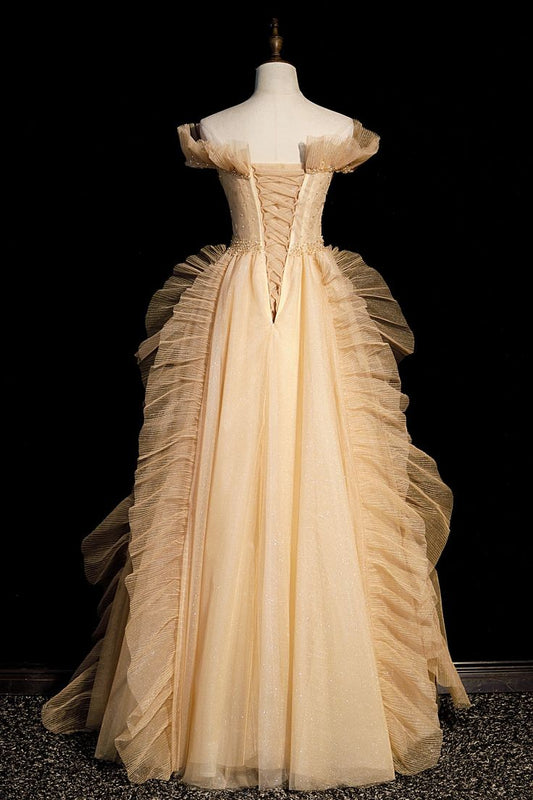 Champagne Off Shoulder A-Line Tulle Long Formal Party Gown MD7792