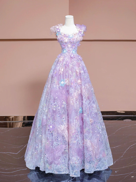 Robe de soirée longue violette claire en dentelle et paillettes, coupe trapèze, motif floral, MD7808