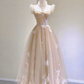 Champagne Straps A-Line Tulle Lace Midi Party Dress Homecoming Dress MD7810