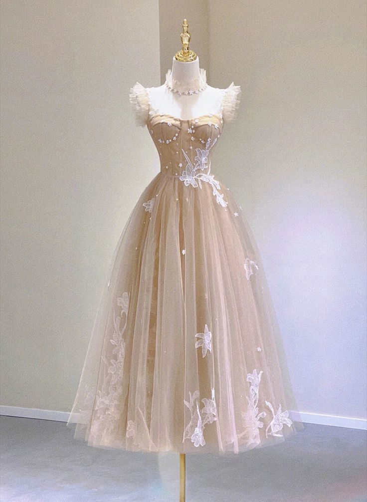 Champagne Straps A-Line Tulle Lace Midi Party Dress Homecoming Dress MD7810