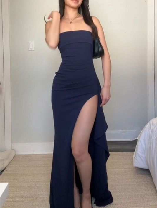 Robe fourreau longue bleu marine sans bretelles avec fente MD7811