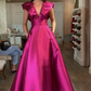 Robe de soirée longue fuchsia en satin à col en V et coupe trapèze MD7812