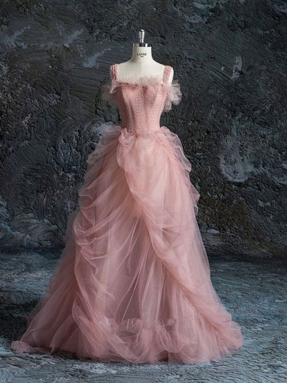 Rosa Träger Tüll A-Linie Langes formelles Partykleid Abendkleid MD7819