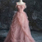 Rosa Träger Tüll A-Linie Langes formelles Partykleid Abendkleid MD7819