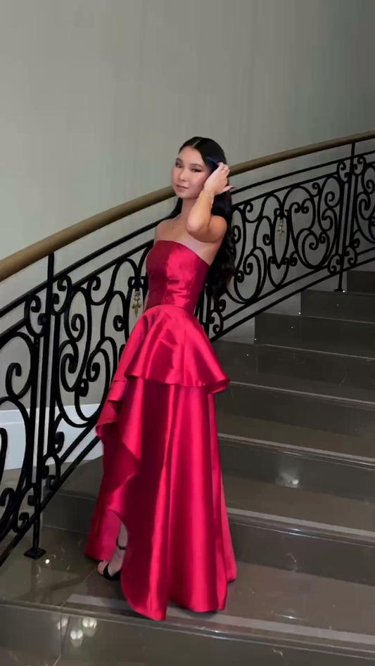 Charmante robe de soirée longue en satin rouge sans bretelles, coupe trapèze, MD7823