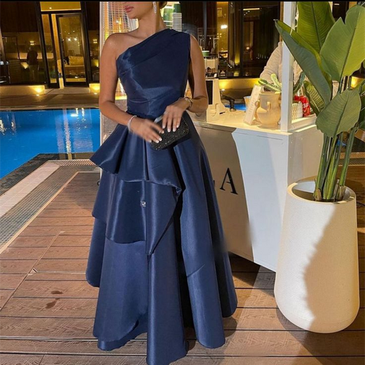 Robe de soirée longue en satin bleu marine, asymétrique, coupe trapèze, MD7824