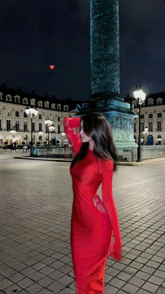 Robe de soirée sirène rouge sexy à manches longues en satin et dentelle MD7838