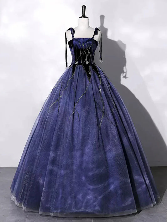 Robe de soirée longue en velours bleu marine à bretelles et coupe trapèze MD7841