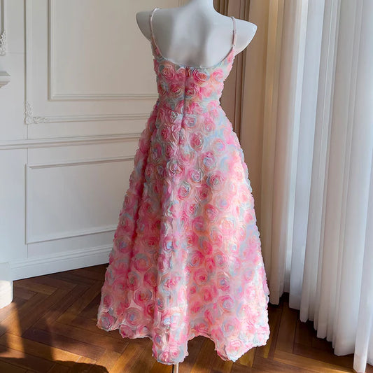 Pink Spaghetti Straps Rose A-Line Floral Birthday Outfits Party Dress MD7843