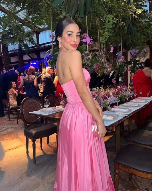 Jolie robe de soirée longue en satin rose sans bretelles, coupe trapèze, MD7871