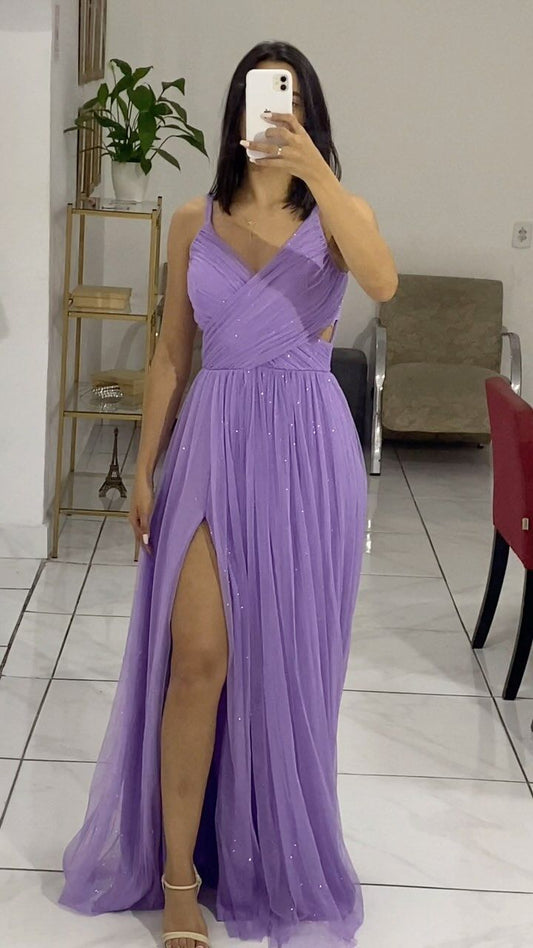 Robe de soirée longue violette en tulle à bretelles spaghetti, coupe trapèze, MD7891