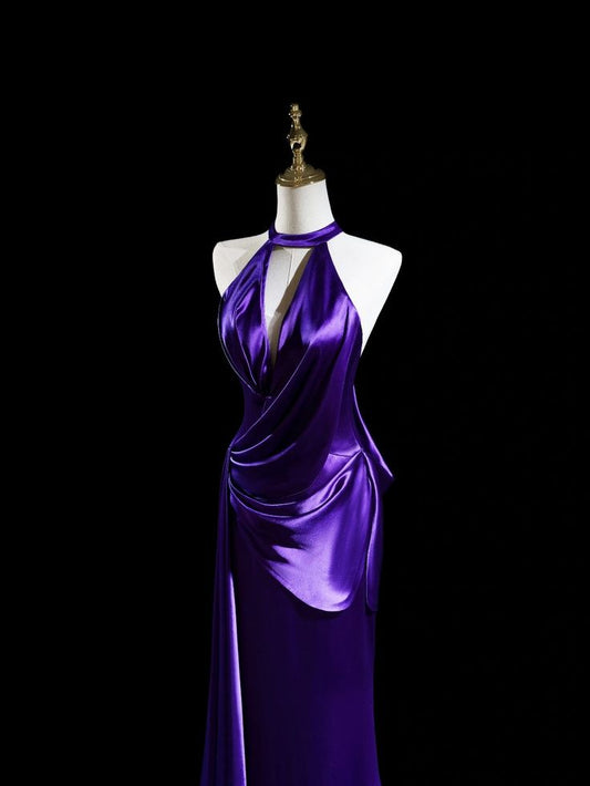 Robe de bal longue sirène en satin violet, élégante et décolletée, MD7905