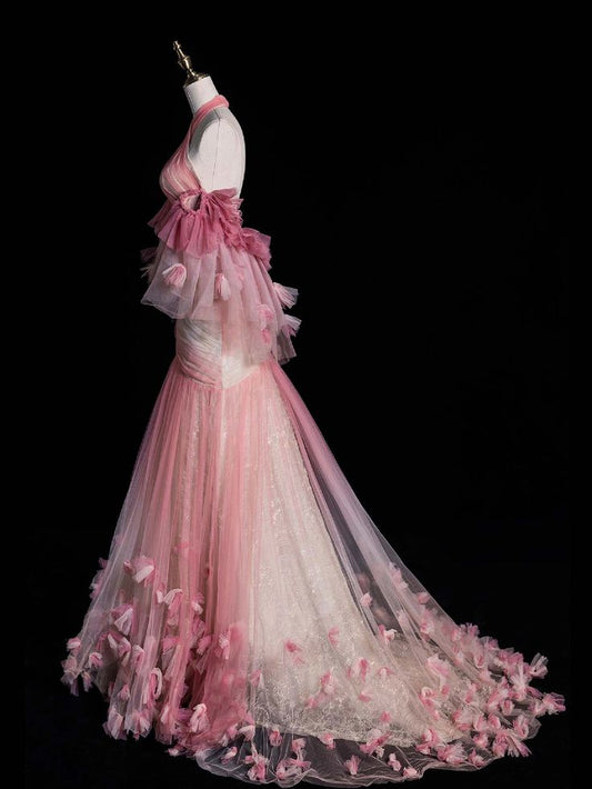 Robe de bal sirène longue rose à épaules dénudées et dos nu en tulle, MD7912