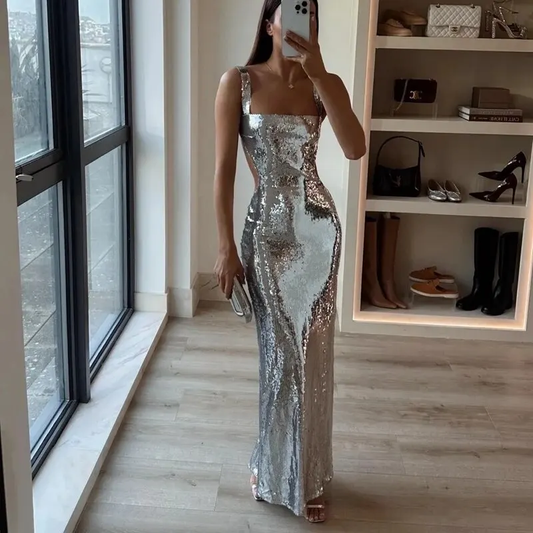 Robe de soirée longue fourreau à bretelles argentées et paillettes, MD7923