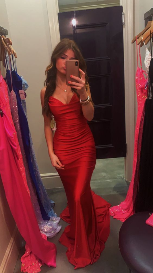 Robe de soirée longue rouge en satin à col en V et style sirène, MD7927