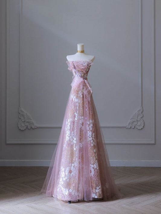 Robe de soirée longue rose bustier à imprimé floral, MD7935