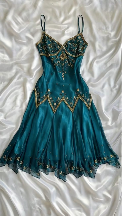 Spaghetti Straps Chiffon Beads Midi Length Vintage Prom Dress, MD7936