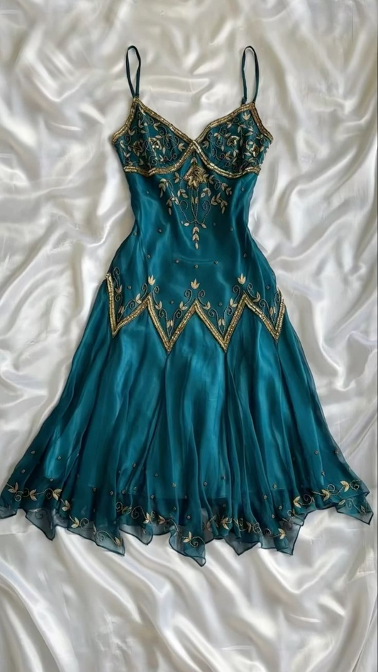Spaghetti Straps Chiffon Beads Midi Length Vintage Prom Dress, MD7936