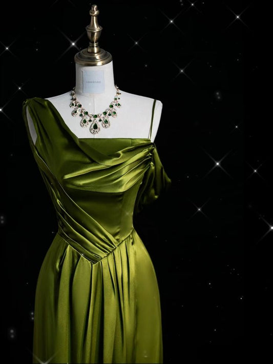 Green Straps Sheath Satin Long Formal Evening Party Dress, MD7944