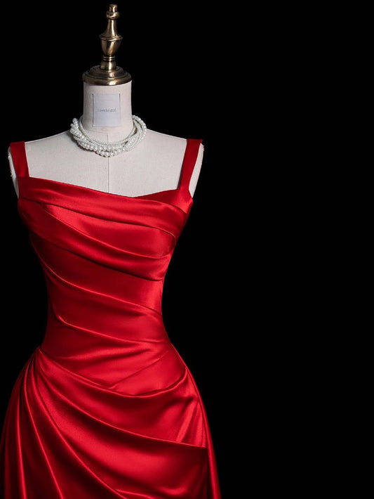 Charmante robe de soirée longue fourreau en satin rouge à bretelles, MD7951