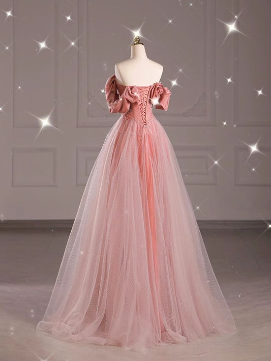 Robe de bal longue trapèze rose en tulle à épaules dénudées, MD7954
