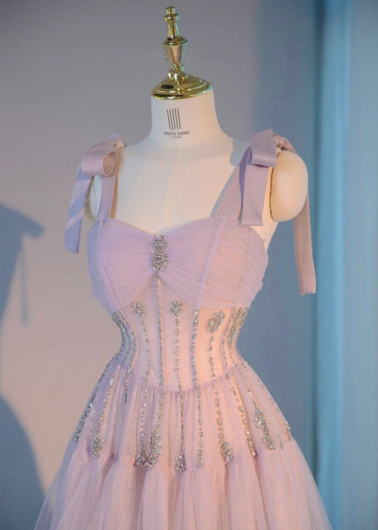 Robe de bal longue rose clair en tulle et perles, coupe trapèze, bretelles, MD7955